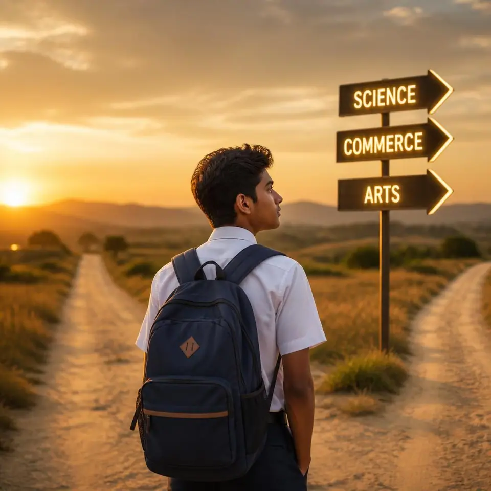Student at a crossroads with signposts for Science, Commerce and Arts