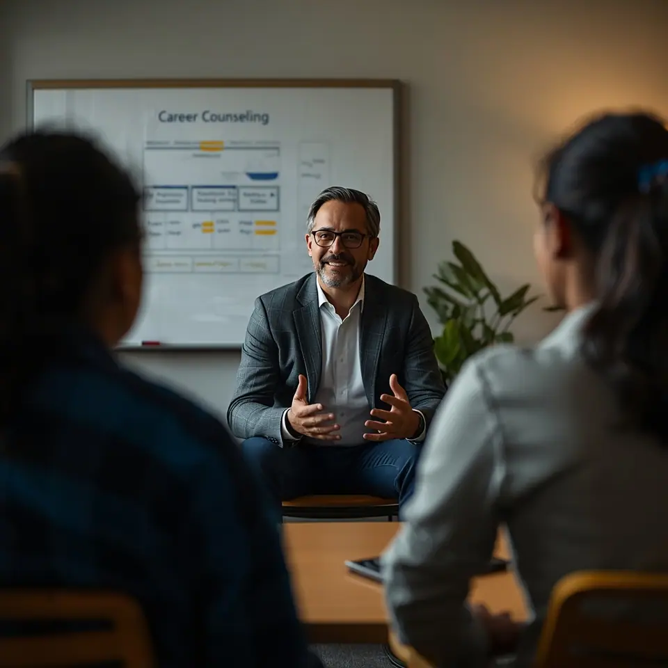 Mentor speaking to a group of students in a counselling session