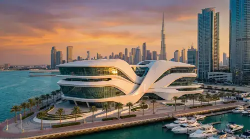 Dubai waterfront architecture at sunset