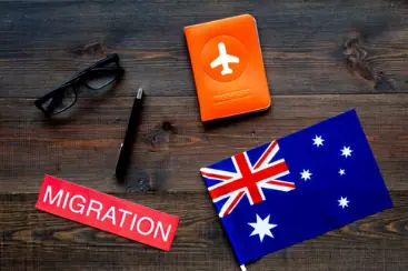 Passport, Australian flag and a migration sign on a desk