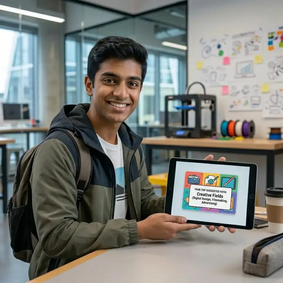 Student presenting a career assessment result on a tablet
