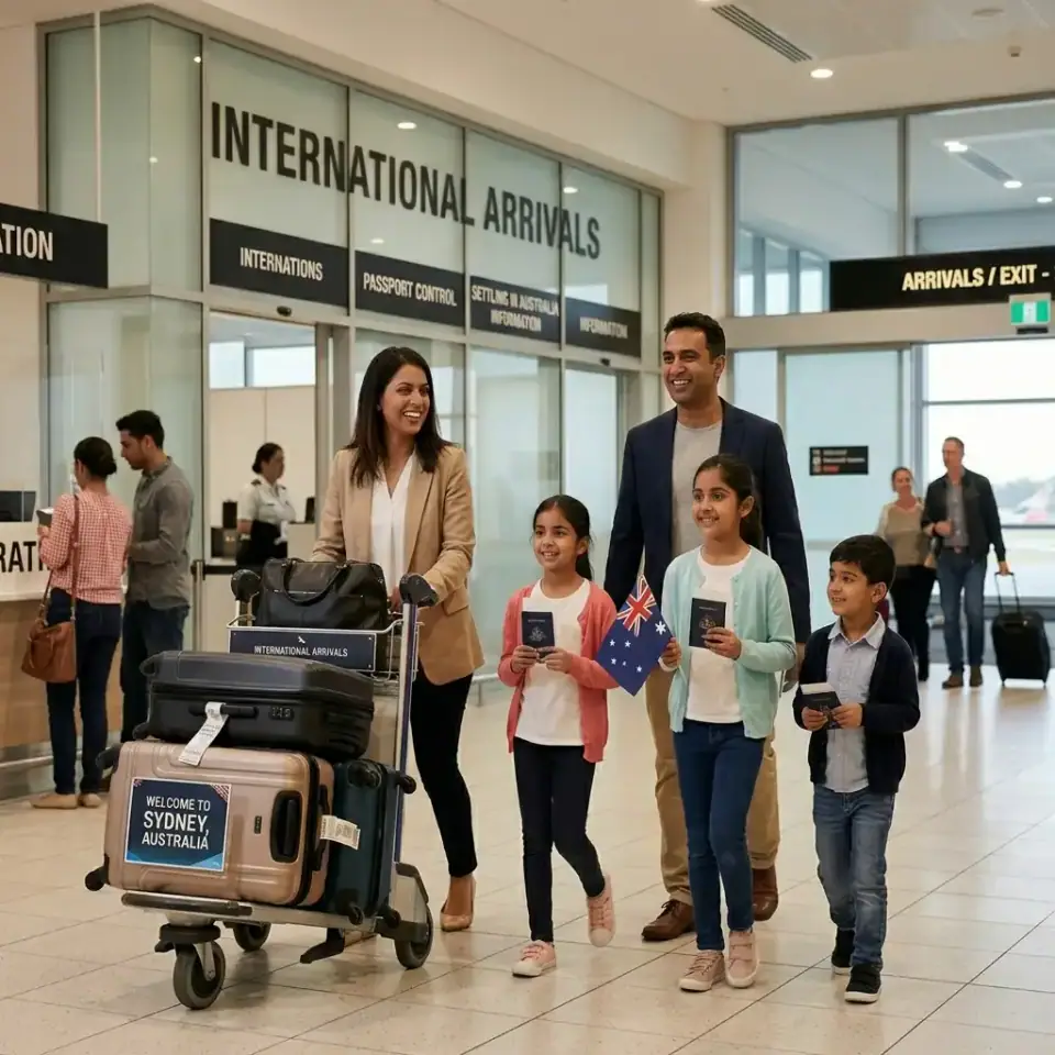 Family walking through an international airport terminal