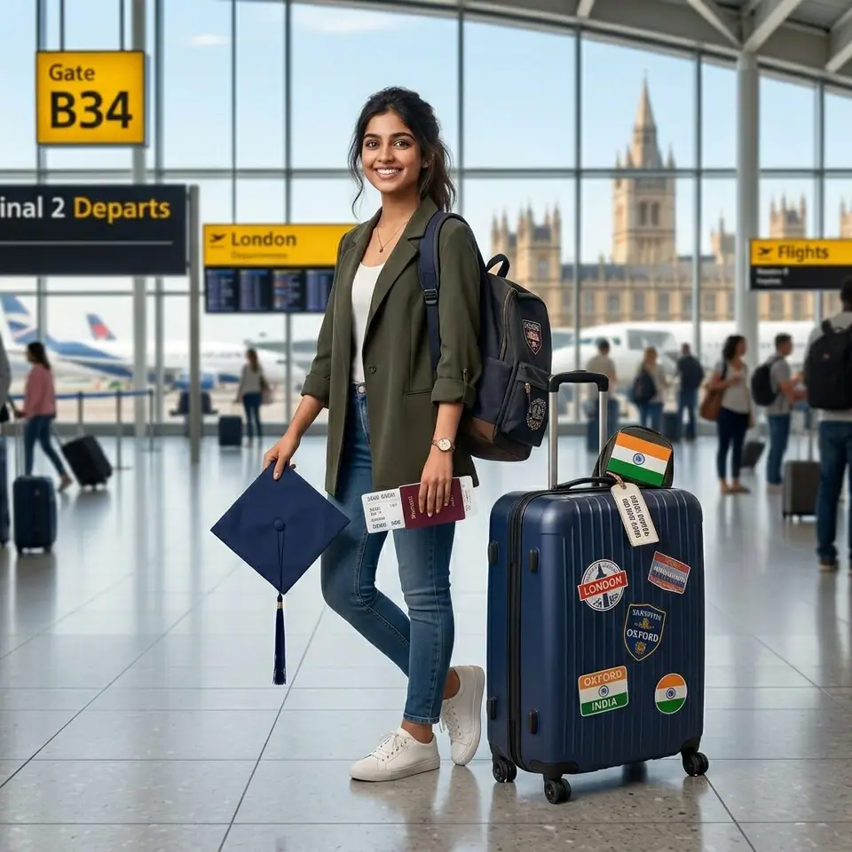 Student with luggage at an international airport